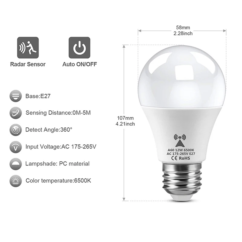 E27 LED Light Bulb 220V 12W Radar Motion Induction Lamp Built-in Radar/Light Sensors For Home Stairs Pathway Garage Lighting