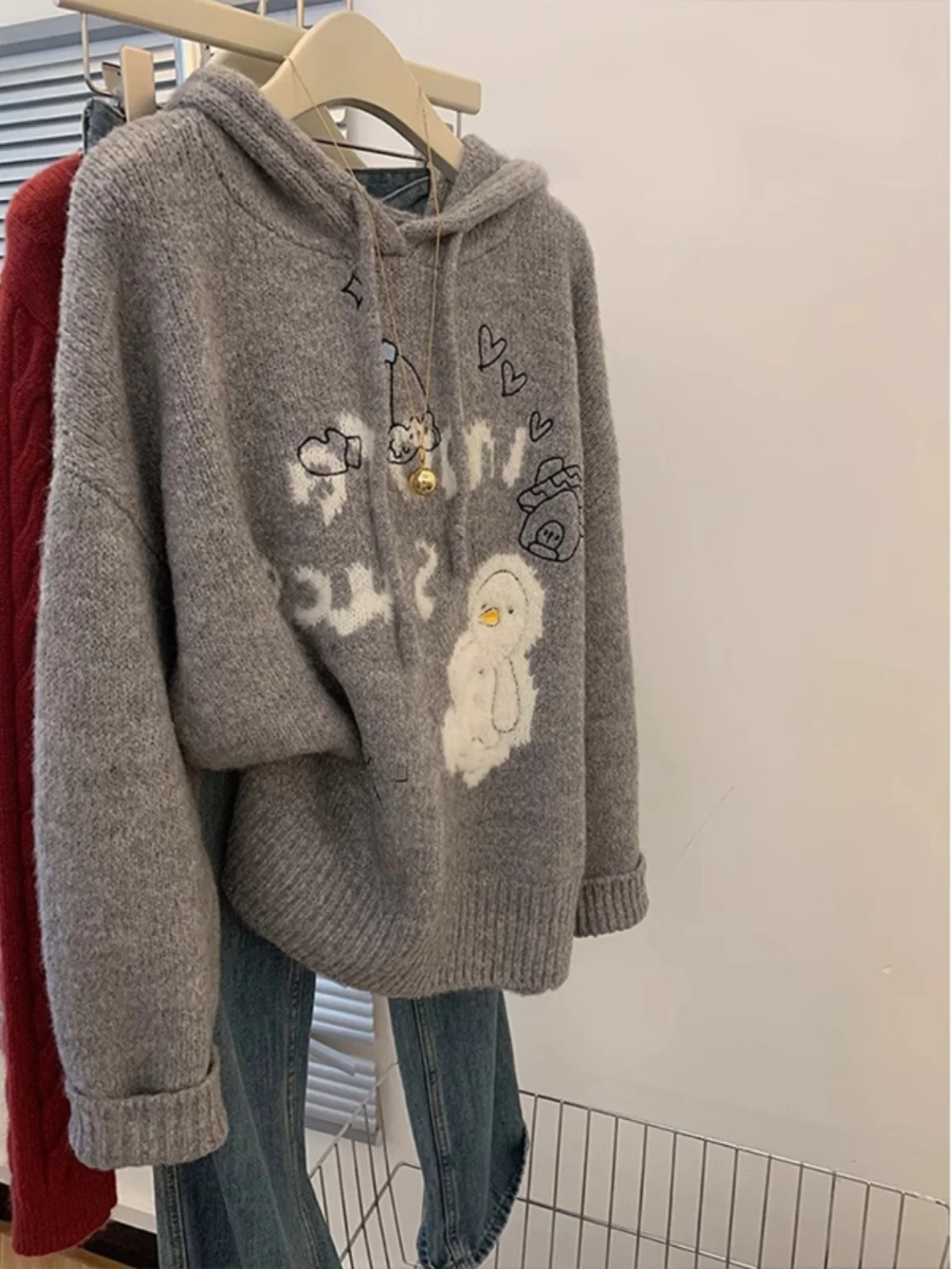 مقنعين طويلة Sve البلوز كلية Sle كسول الدب Fce لينة مريحة المرأة الخريف الشتاء محبوك أعلى منتصف طول #1