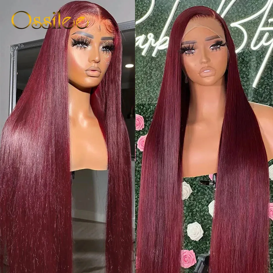 Ossilee-Perruque Lace Front Wig naturelle lisse bordeaux, 13x4, 13x6, pre-plucked, HD, transparente