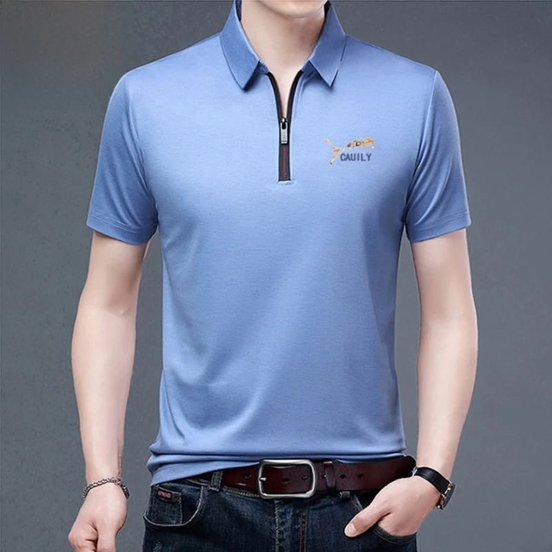 

Мужская высококачественная шелковая рубашка Pierre Cardin с коротким рукавом, летняя новинка, на молнии, с отложным воротником, быстросохнущая, для делового стиля.