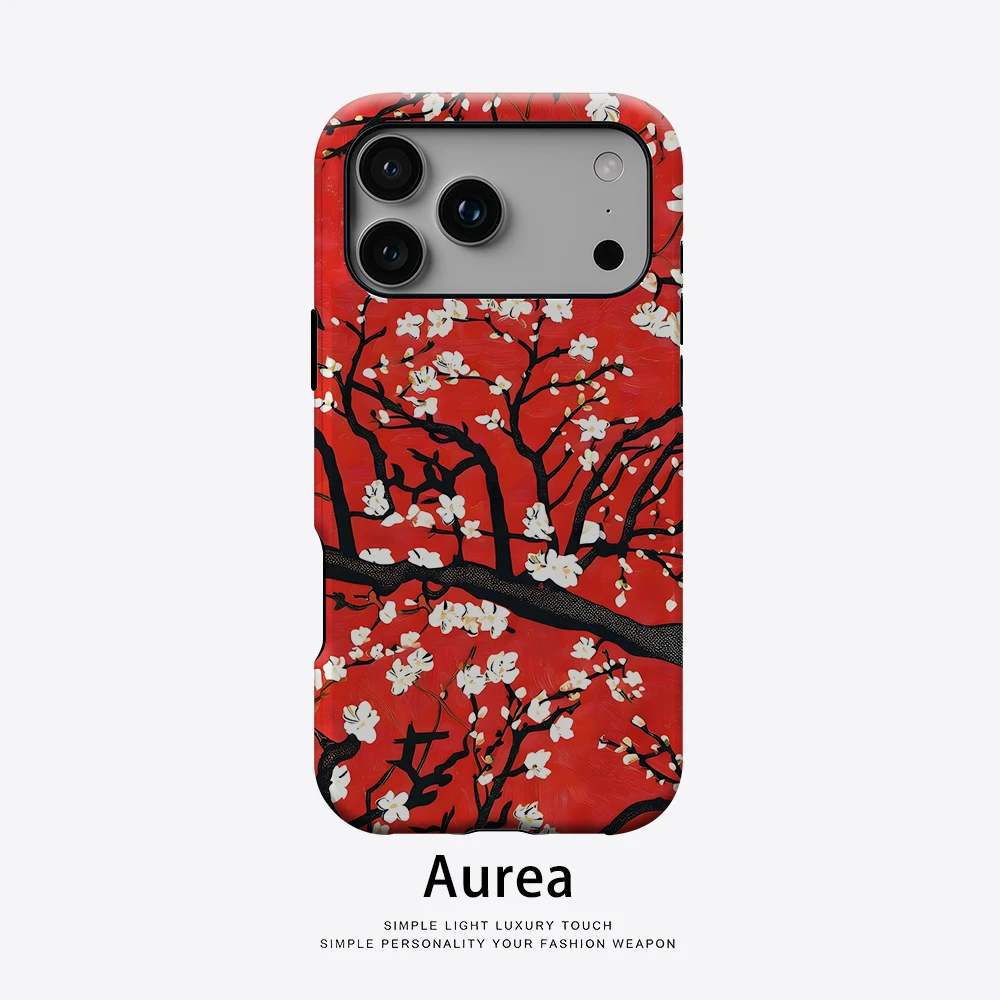 Aurea Case Matte Bumper für MagSafe Hülle für iPhone 17 16 15 14 Plus 13 Pro Max Stoßfeste Harte PC Hülle Rote Pflaumenblüten-Kunst-Abdeckung
