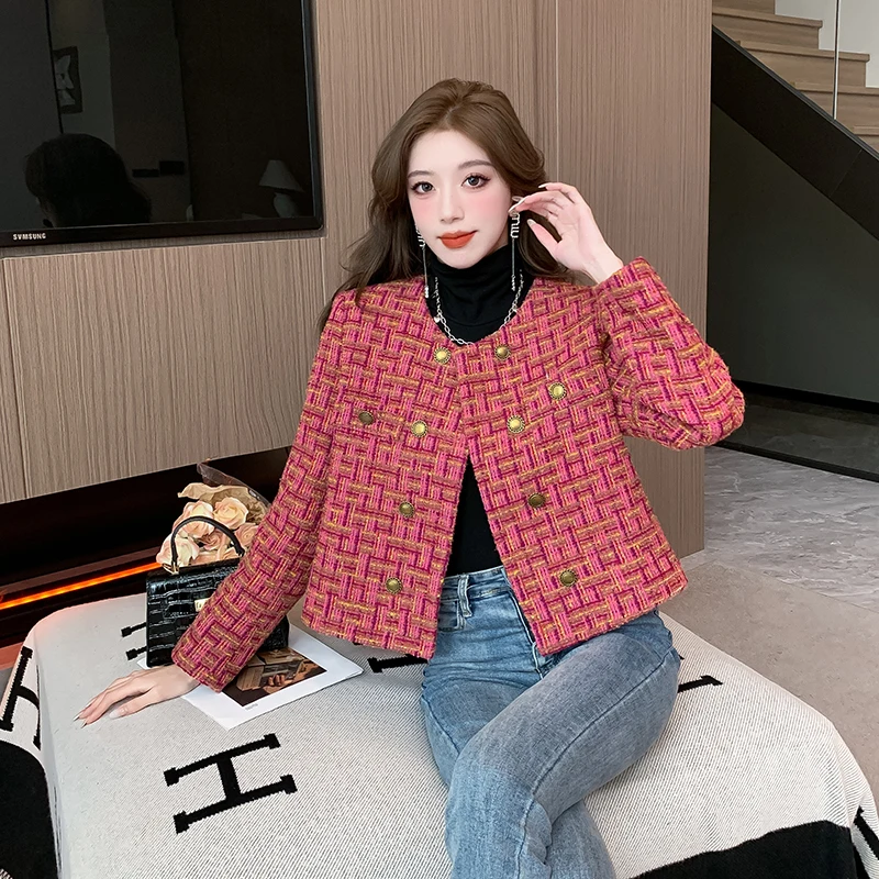 High Quality Elegant Weave Plaid Tweed Jacket Coat Women Blazer Autumn Winter Causal Office Ladies Fashion Suit Jacket