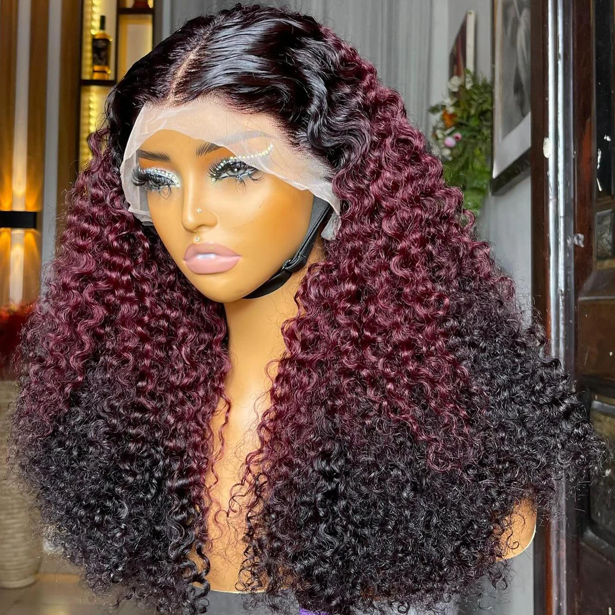 Ombre kant-voor-pruik van echt haar, krullende pruiken, Braziliaans 99J bordeauxrood, kinky krullende pruiken, vooraf geplukt voor vrouwen, 450 density HD kantpruiken - afbeelding 2