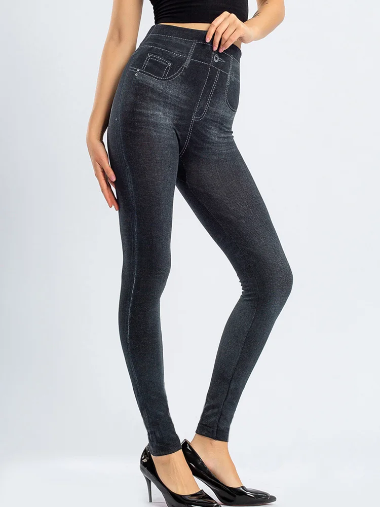 HAKCI-Legging d'entraînement push-up pour femme, pantalon de sport élastique, jean en faux denim imprimé trou, jegging taille haute