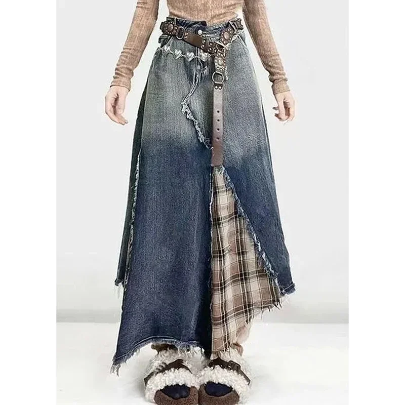 Deconstructed Subculture Patchwork Denim Skirt A Line Plaid High Waist Raw Hem Skirt Streetwear Gradient Harajuku Fashion Skirt