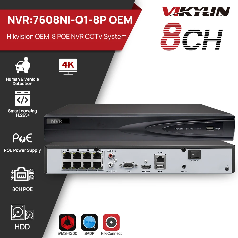 VIKYLIN Hikvision OEM 4K NVR 4POE Video Surveillance System Human Vehicle Detection Video Analytics Home Security Video Recorder