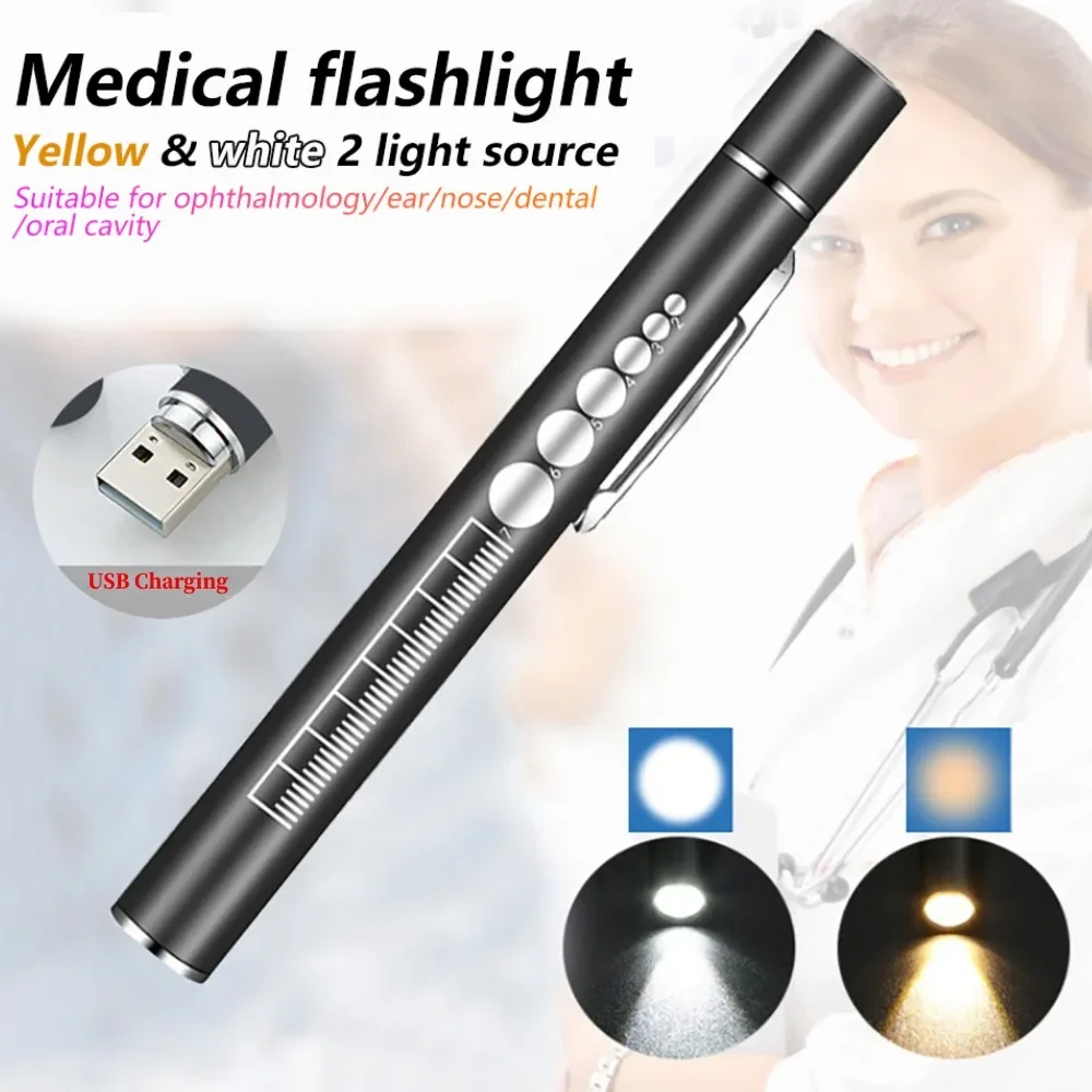 

Portable Medical Penlight Emergency Flashlight USB Rechargeable 2 in 1 Pocket Medical First Aid Work Pen Light with Pupil Gauge