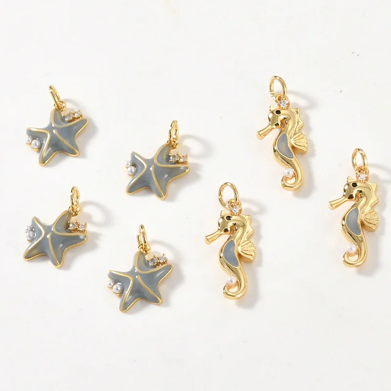 Strong Color Retention 14k Real Gold Marine Series Starfish Seahorse Pearl Pendant DIY Beaded Bracelet Necklace Accessories