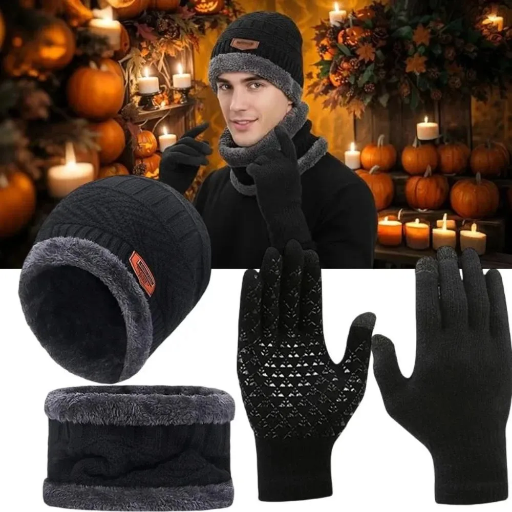 Hat Scarf Gloves Set Winter Outdoor Travel Leisure Thick Warm Cashmere Knitted Hat Windproof Neck Protect Scarf Anti Slip Gloves