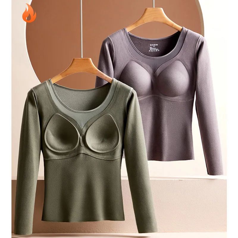 

New Winter Autumn Women‘s Thermal Underwear Graphene Heating Plush Warm Thickened Cup Cover Base Layer Clothes With Bra