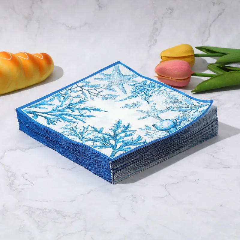 20 pçs 33cm 2ply oceano azul estrela do mar impresso guardanapos venda quente polpa de madeira nativa festa decoração tecido diy decoupage papel
