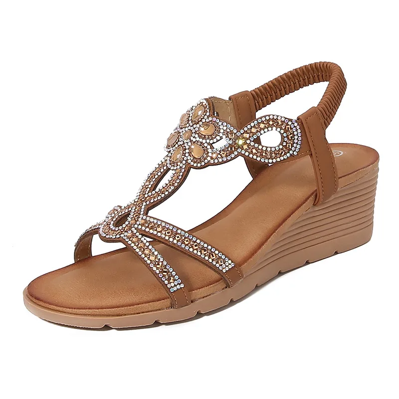 

Bohemian Style Rhinestone Women's Sandals Low Heel Slip-On Summer Shoes Glittering Water Diamond Roman Style Flat Heel Sandals