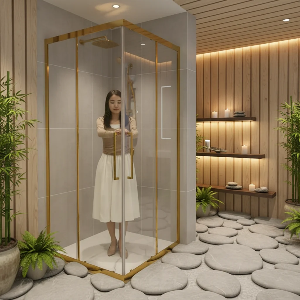 &c Golden Rectangle Sliding Stainless Steel  Shower Door Tempered Glass with Frame for Shower Rooms Shower Cabin