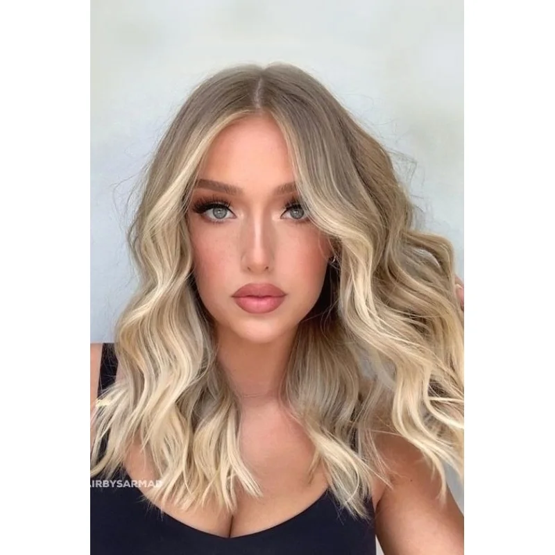 14& # 034; Balayage Ash Blonde Ash Brown Highlight Lace Front Wigs 100% Human Hair Wigs