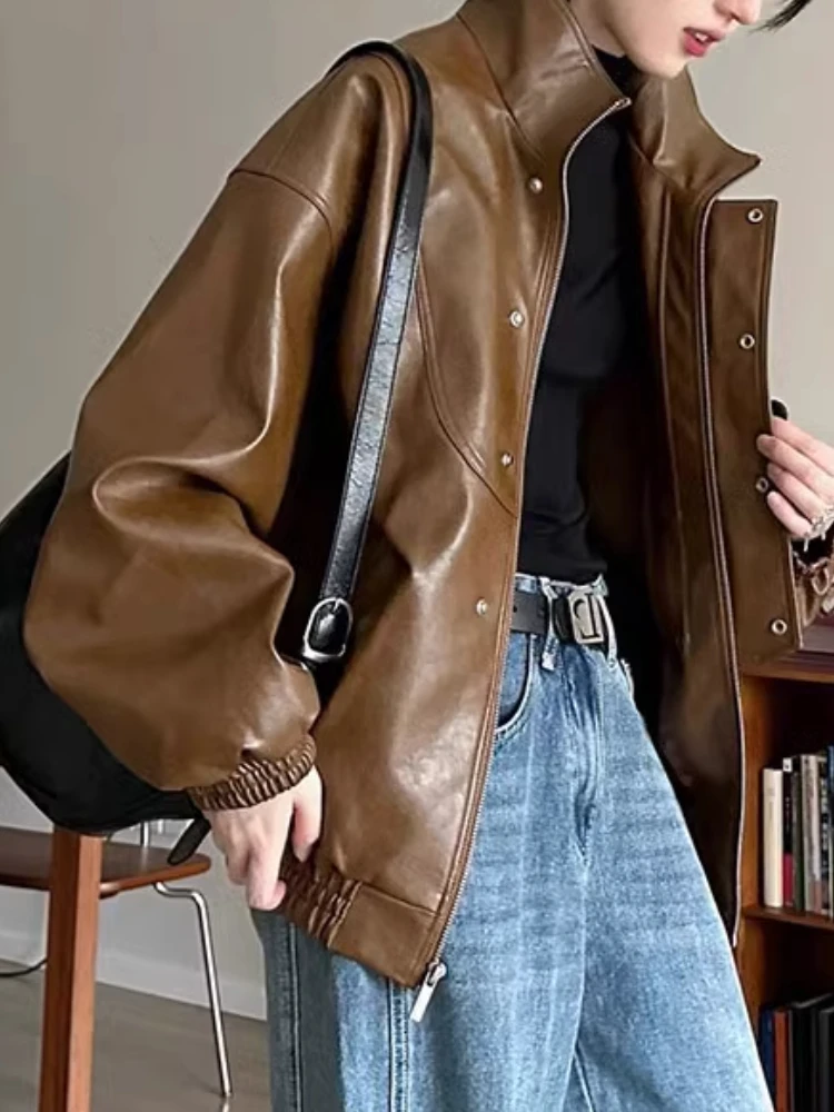 Veste en cuir marron punk pour femme, vêtements d'extérieur vintage, fermeture éclair, moto motard, décontracté, rue haute, manteau en faux cuir, hiver