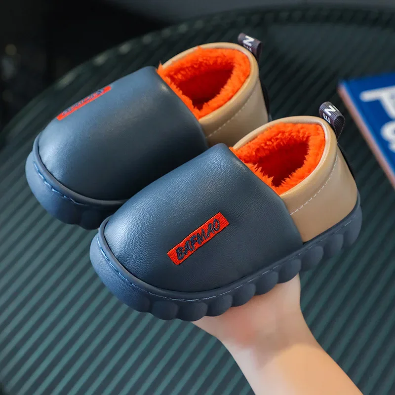 Children's Cotton Shoes Winter Plush and Thickened PU Leather Cotton Slippers Waterproof and Anti Slip Children's Cotton Shoes
