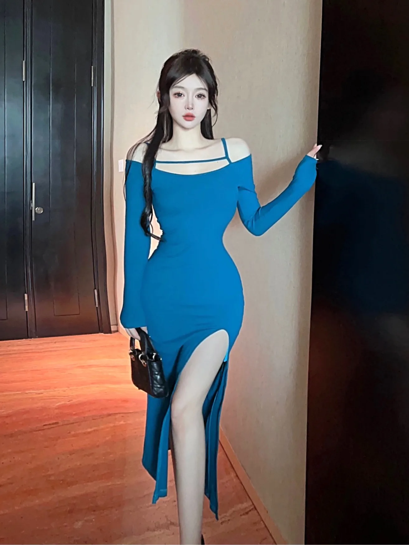 

Blue One-oulder Strap Dr Women Long Sve Slimming Sexy Split High Waist Long Skirt Pure Desire Sle Knitted H-ape B...
