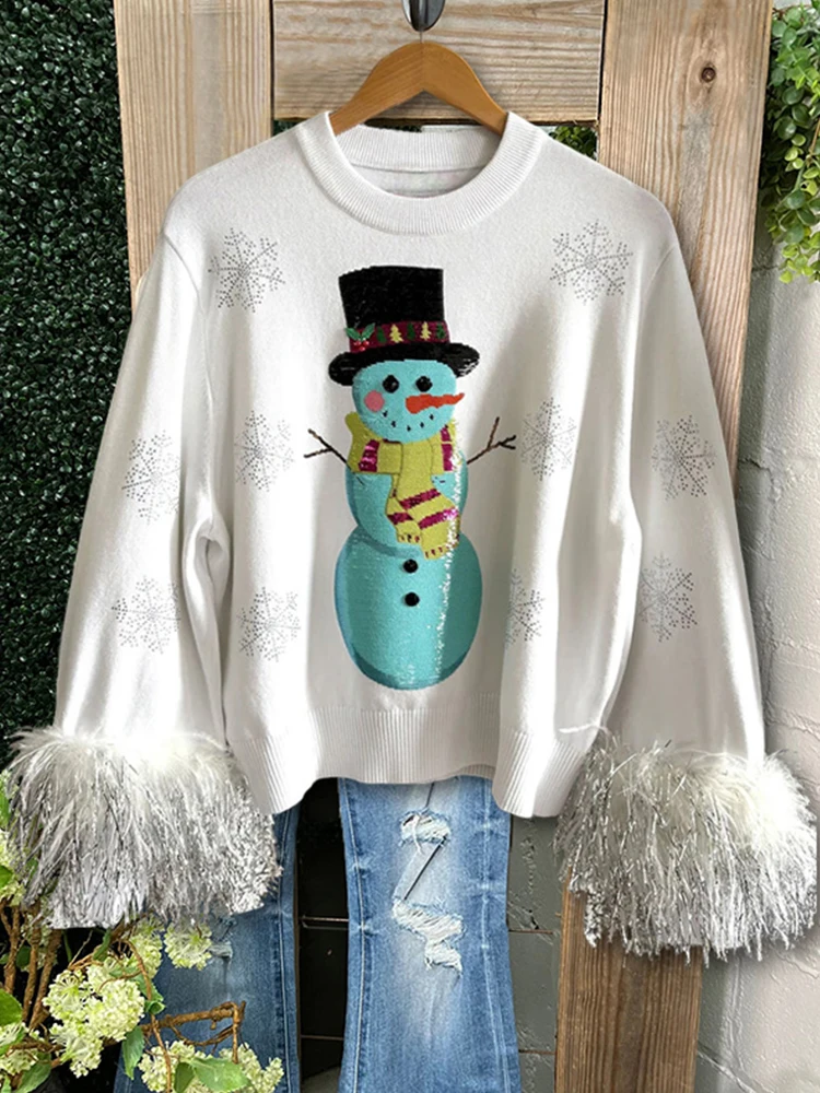 

Sparkly Snowman Feather Sweater
