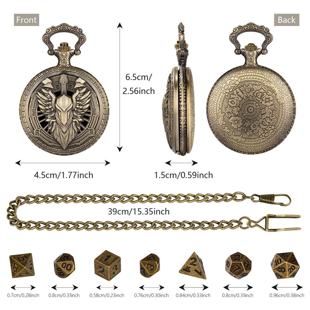 Bronze Retro Hero Paladin Pocket Watch Case fobs and chains with Antique Gamed Themed 7pcs Matal Dice Waist Hook Chain for Men