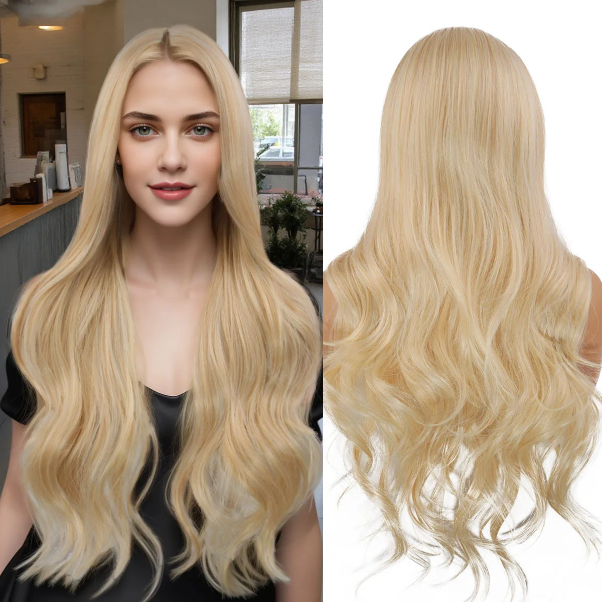 

Medium gold big wavy long curly hair wig female chemical fiber full head cover universal cos daily