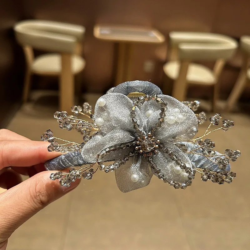 Elegant Korean Hair Accessories Fabric Mesh Flower Hair Claw Clip Stylish Crystal Floral for Women Shark clamp