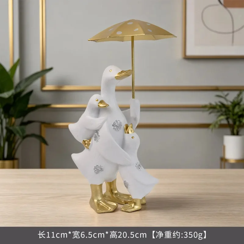 Resin Duck Couple Sculpture Mother Duck With Umbrella And Duckling Figurine Tabletop Living Room Decor Gift
