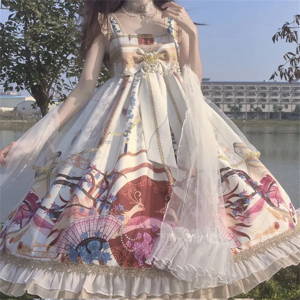 Robe Lolita imprimée Style chinois pour filles, avec chaîne de perles, grand nœud papillon, tenue élégante pour Cosplay Lolita Jsk