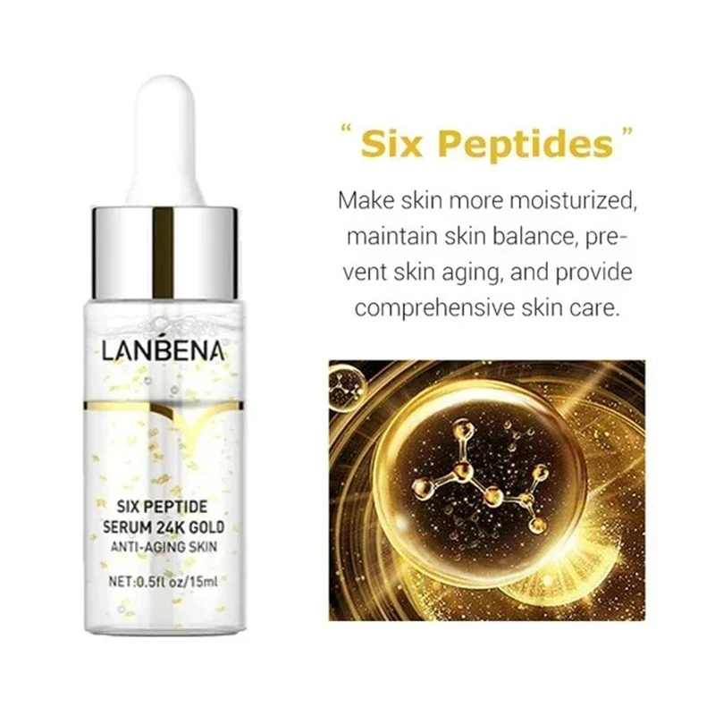 LANBENA 24k Gold Six Peptides Face Essence Anti-wrinkle Shrink Pore Whitening Moisturizing Hyaluronic Acid Fade Fine Line Serum