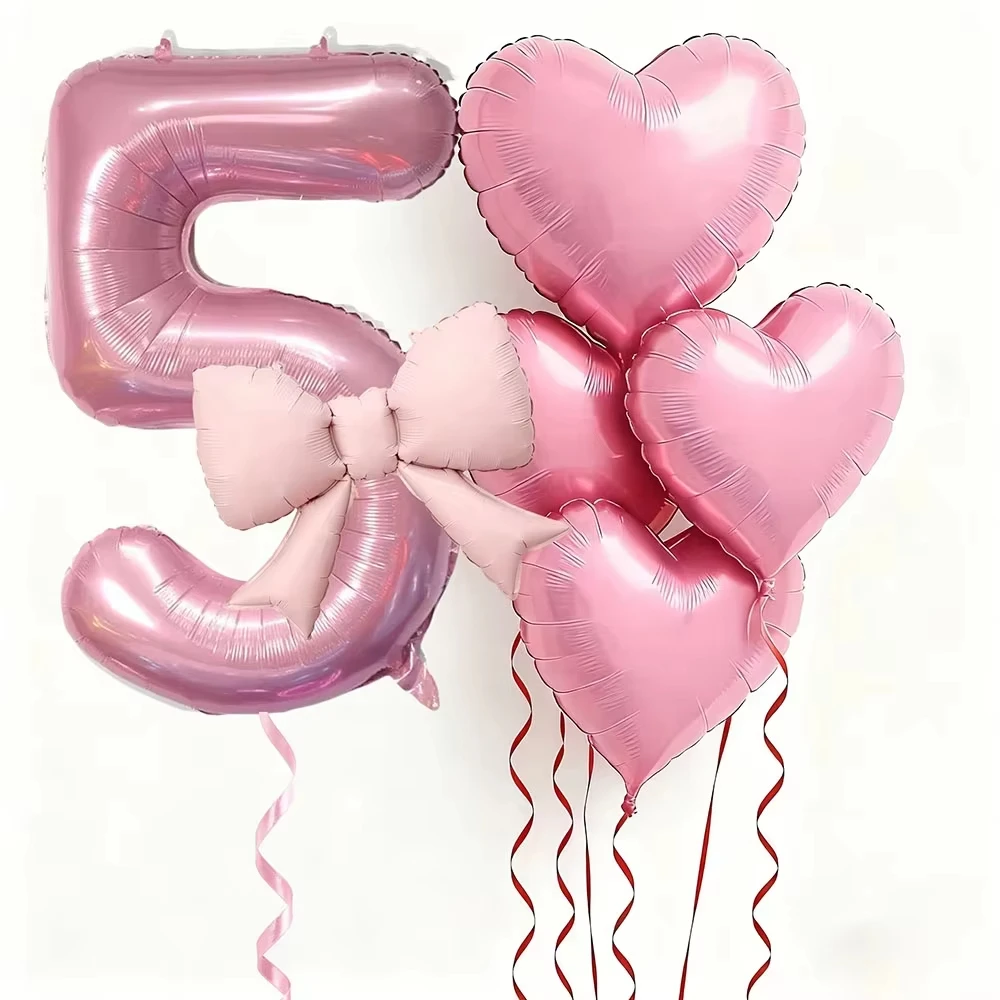6-teiliges Rosa Herz-Schleifenballon-Set Zahlen-Folienballons Geburtstagsballon Mädchen Dating-Geschenk Hochzeit Verlobungen Jubiläen Party-Dekoration – Detail 3