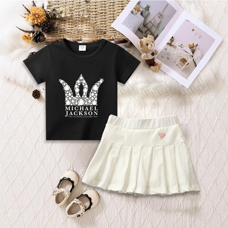 Vintage Michael Jackson Graphic T-shirt Shorts Pleated Skirt Set Fashion Printed Summer Casual Girls Birthday Clothe Gifts Tops