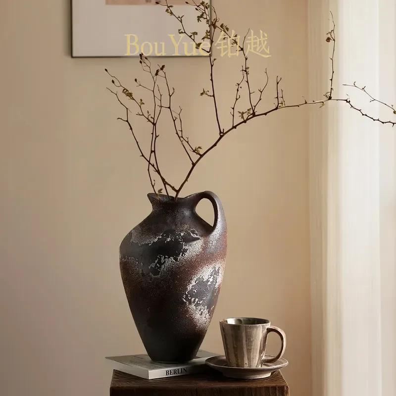 Retro Chinese Ceramic Vase Wabi Sabi Kiln Change Art Home Decor Living Room Entrance Flower Arrangement Ornament