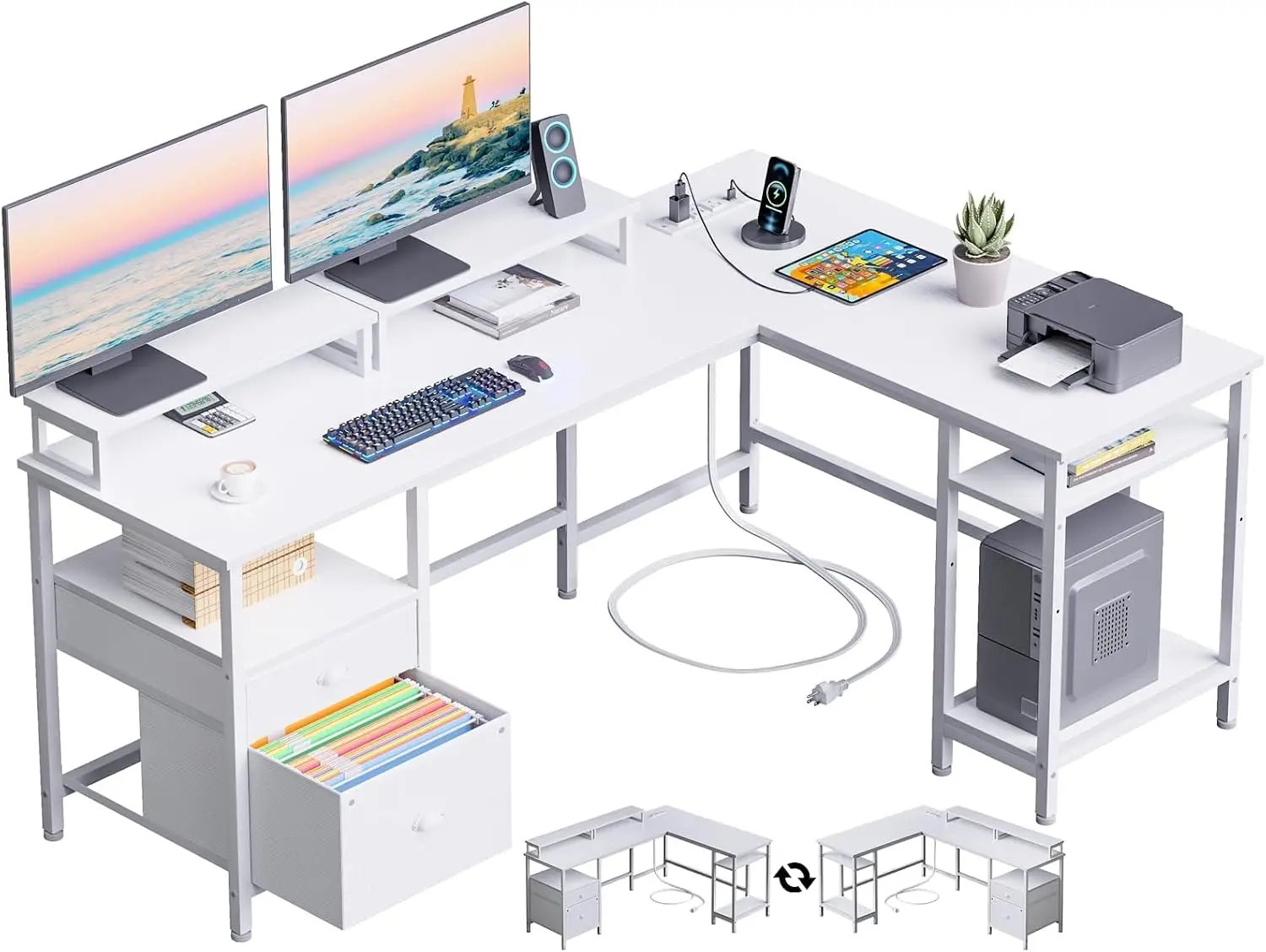 White 59” L Shaped Desk with Power Outlet, Reversible Computer Desk with File Drawer & 2 Monitor Stands, Corner Home Office Tabl