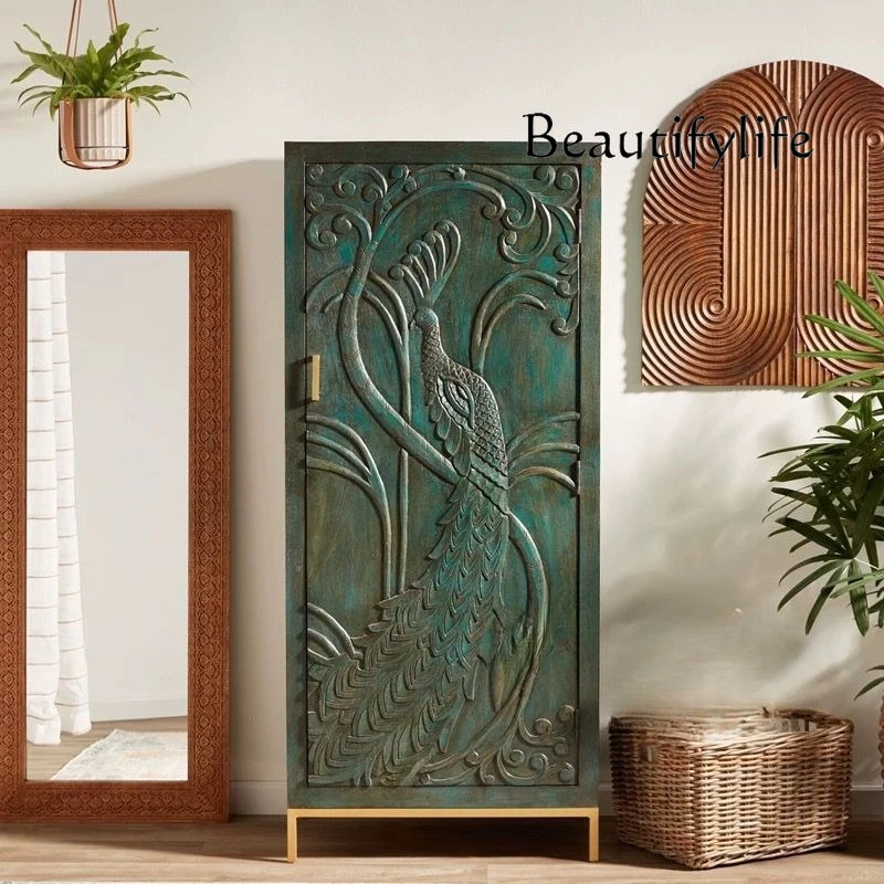 French retro locker American peacock carved single door porch storage cabinet shoe cabinet antique home decoration cabinet