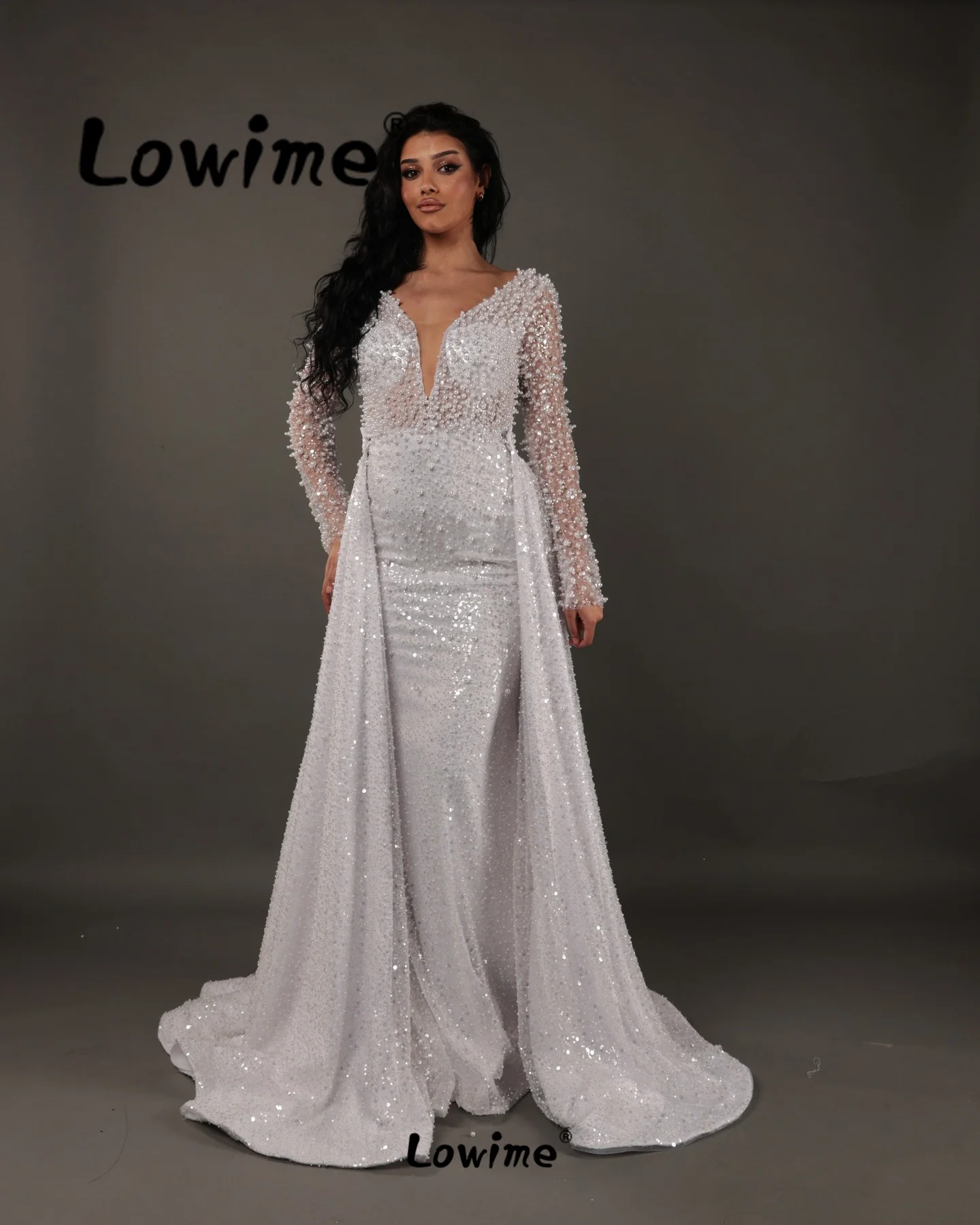 

Lowime Beige Pearls Beaded Elegant Evening Dresses Customize 2024 Long Sleeve 2 In 1 Style Arabic Prom Dress Mermaid Party Gowns