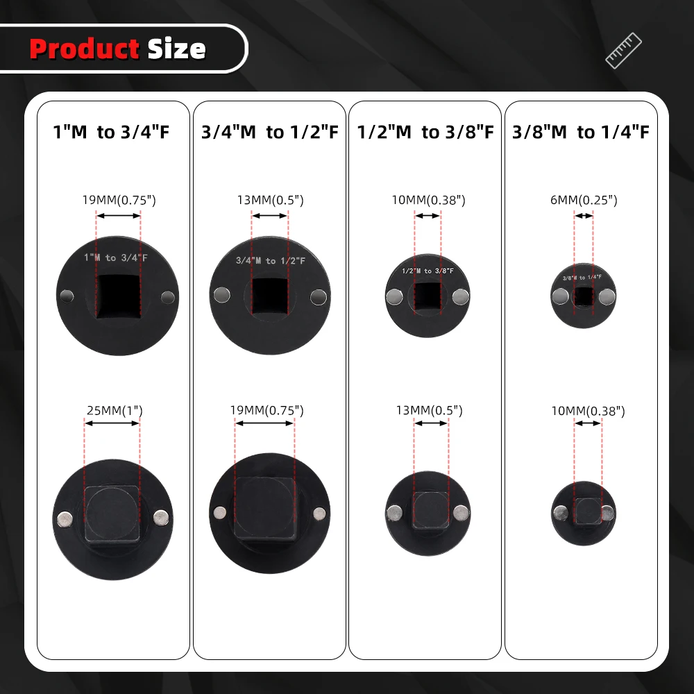 4Pcs Adaptor Soket Impact Profil Rendah Pengurang Ukuran 1" ke 3/4", 3/4" ke 1/2", 1/2" ke 3/8", 3/8" ke 1/4" untuk Ruang Sempit TC066