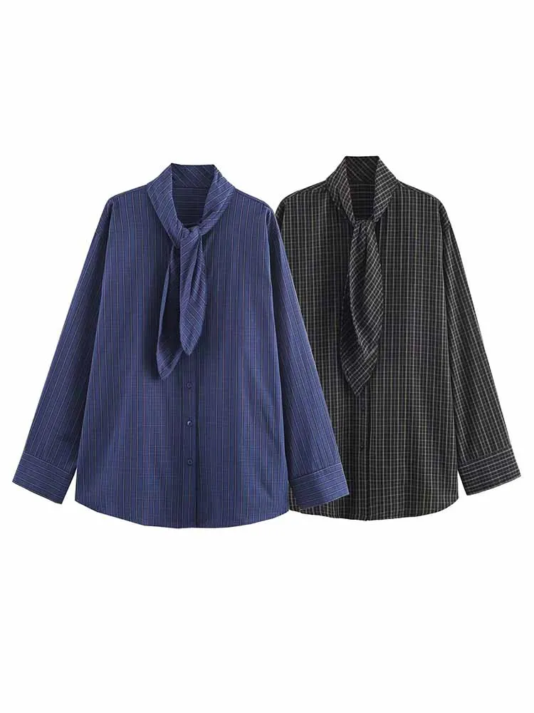 

HH Woman Spring Fashion Long Sleeves Scarf Collar Plaid Decoration Loose Shirt Female Casual Versatile Commuting Style Tops