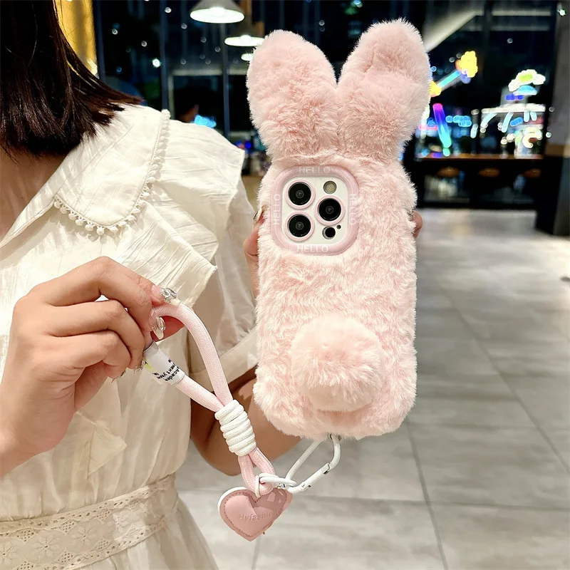 Warm Furry Bunny Ears Plush Phone Case With Lanyard For iPhone17 16 15 14Plus 13 12 11  Pro Max Cute Shockproof Cover