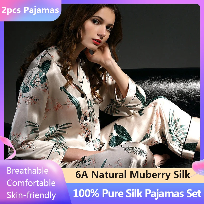 Real Silk Pajamas Sets Women Sleepwear Women Printed Mulberry Silk Sleepwear Long-Sleeved Pyjama Pants Two-Piece Sets Home Suits