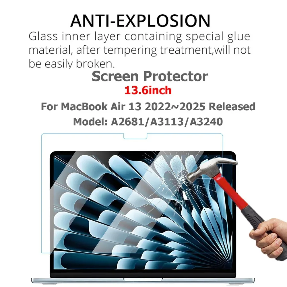واقي شاشة لجهاز ماك بوك اير 13 مقاس 13.6 بوصة موديل إصدار A2681 A3113 A3420 M2 M3 M4 رقاقة زجاج مقسى شفاف