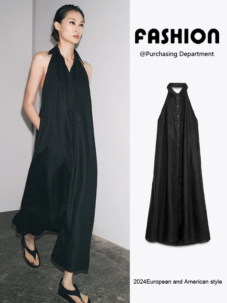 Vestido Largo sin Mangas con Espalda Descubierta y Cuello ter, Nuevo Estilo Veraniego, Hoado, con Cintura Ajustable, Cue...