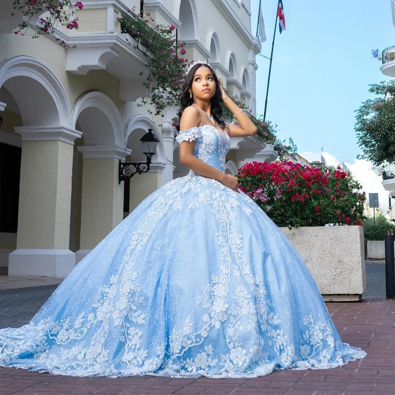 

Sky Blue Quinceanera Dresses Formal Luxury Party Lace Appliques Tull Sweet 16 Dress Graduation Ball Gwon Prom Gowns vestidos de