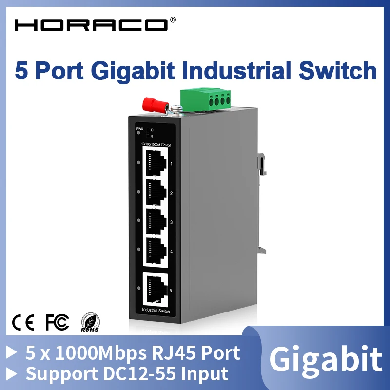 HORACO 5 Port Gigabit Industrial Switch 1000Mbps Industrial Network Ethernet Switch DIN Rail Mounted Plug and Play