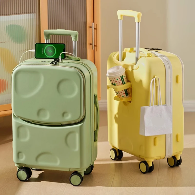 2024 New front opening luggage with USB cup holder girl suitcase Travel wheeled suitcases 18 20 26 Inch suitcase trip cabin