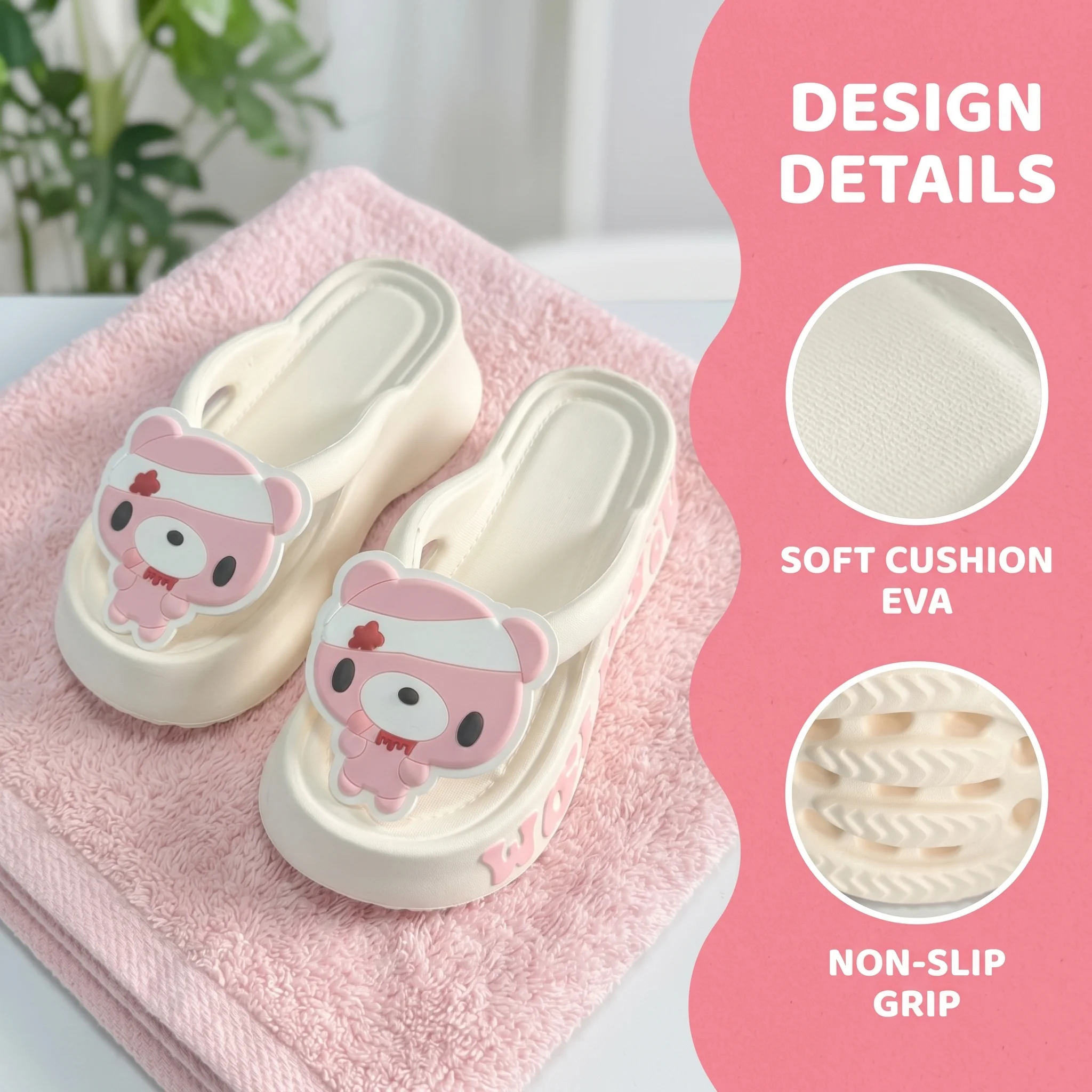 

Cartoon Bear Platform Flip-Flops, Cute Bear Decor Thick Sole Slippers, Non-Slip Summer Beach Slides for Women