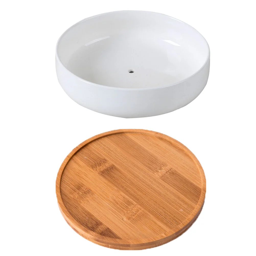 

Ceramic Flowerpot Bamboo Tray Planter Gardening Pot for Orchid Tulip Daisy Succulent Mint Cactus Aloe Herb Indoor