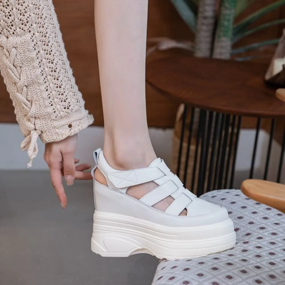 Women's 11cm Platform Princess Style Sandals Half Cut-Out Genuine Leather Thick Sole Elevator Shoes for Petite Ladies Summer