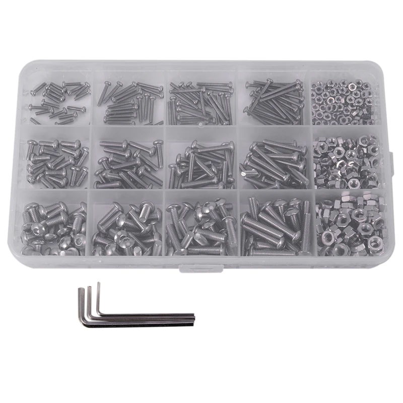 ABRE-480Pcs Button Head 12 Sizes Screw And Nuts Kit,M2 M3 M4 Steel Assorted Hex Socket Head Cap Bolts Screws Nuts Assortment Set