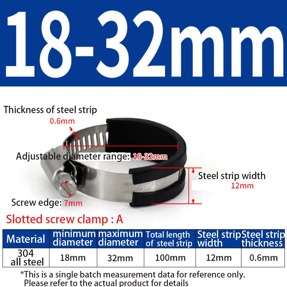 304 SS Rubber Strip American Style Drainage Air Conditioning Pipeline Throat Clamp Round Water Pipe Washing Machine Fixing Clamp