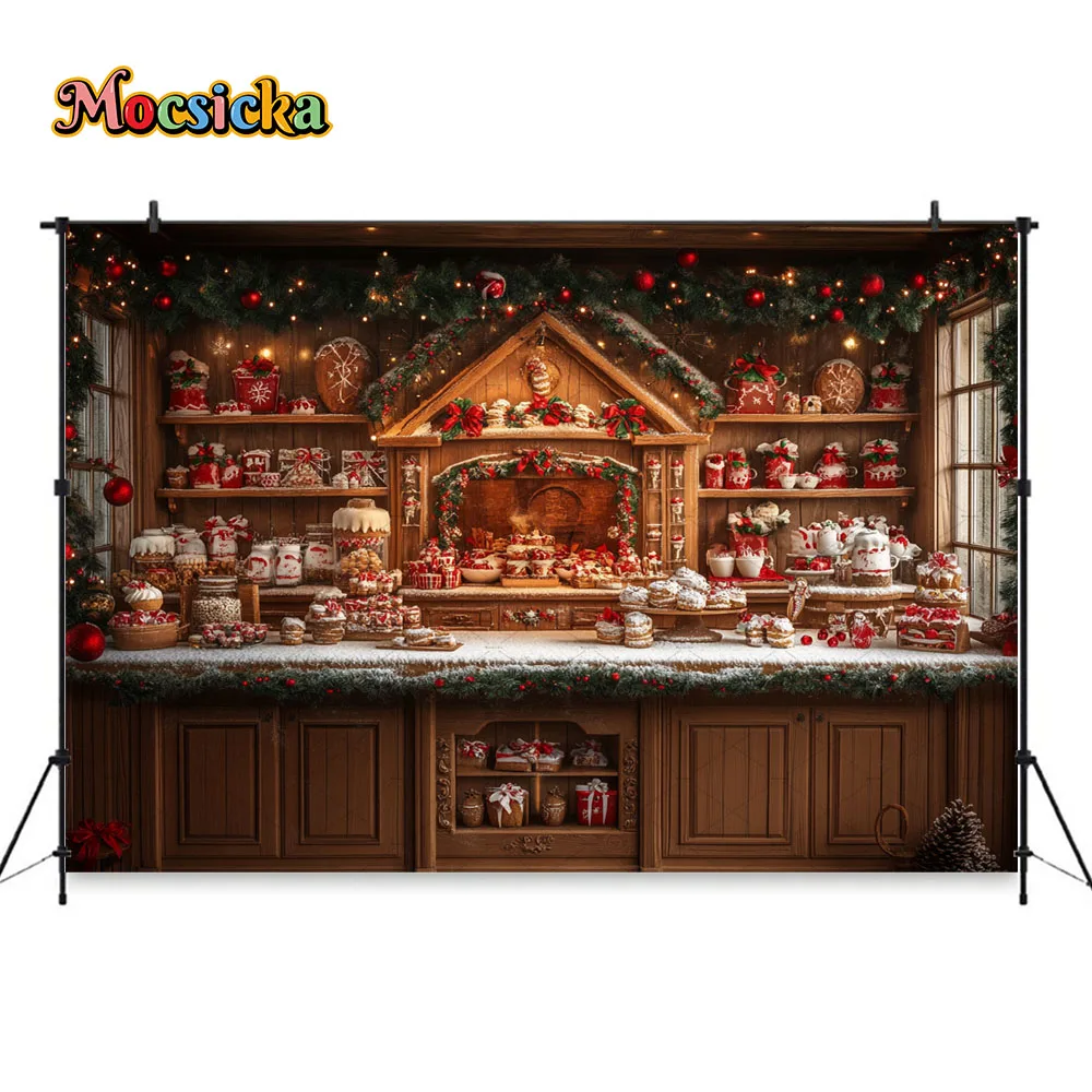 다크 브라운 진저브레드 주방 배경 사진, 크리스마스 트리 화환 캐비닛 배경, 겨울 어린이 가족 생일 사진 스튜디오