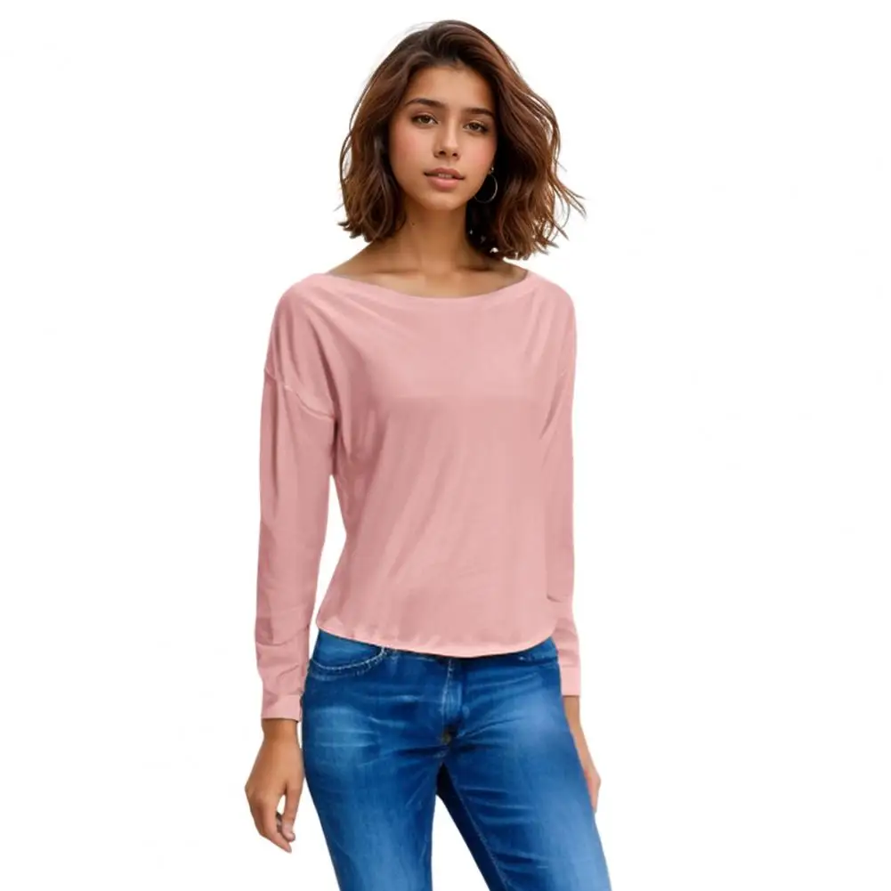 Figure-hugging Top Elegant Women's Pullover Tops Soft Stretchy Fabric Sloping Collar Design Metal Buckle Detail Women Top